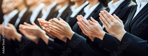 A group of businesspeople clapping after a successful presentation, hands in mid-clap, soft warm light from above