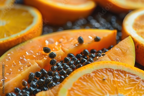 Tropical Delight: Close-up of juicy papaya and orange slices, seeds scattered amongst the vibrant fruit. A feast for the eyes, perfect for food blogs, magazines, and healthy lifestyle brands. photo