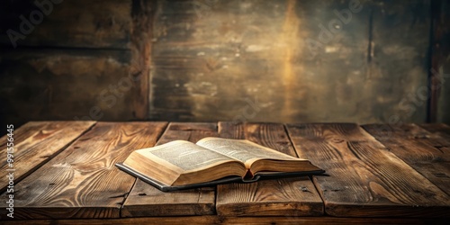 Vintage wooden table with ancient bible book, religious scripture on old rustic desk photo