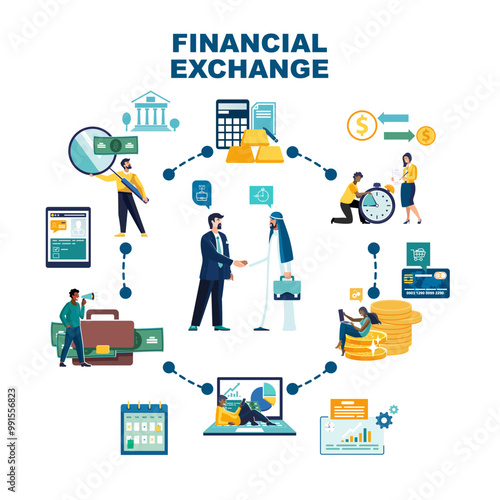 Vector illustration. FINANCIAL Exchange of goods and services, gold and currency fund and the banking system. People, businessmen, Arab sheikh. corporate presentation, creative ideas and solutions