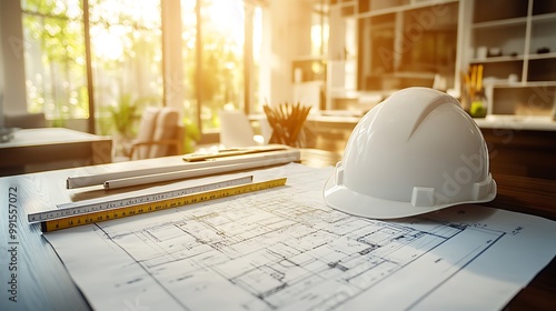 A clean, organized workspace featuring a detailed blueprint, pencils, rulers, and a white hard hat resting on the edge, representing the next step in transforming design into reality. photo