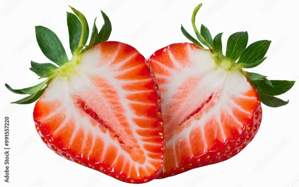 Sliced strawberry. Fresh red strawberry cut in half, revealing its juicy interior and seeds. Perfect for healthy food, summer, and fruit themes.