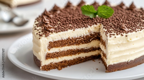 A slice of a cake with chocolate frosting and white icing, AI