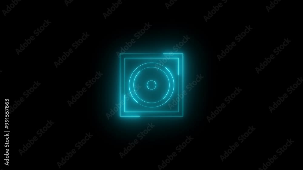 Neon music album icon cyan glowing black background animation Neon music album icon cyan glowing black background animation