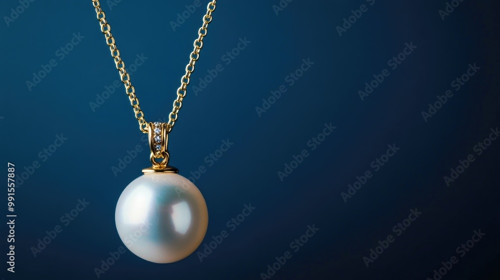 An exquisite pearl pendant hanging from a delicate gold chain, placed against a deep blue background, highlighting the luminous quality of the pearl An exquisite pearl pendant hanging from a delicate gold chain, placed against a deep blue background, highlighting the luminous quality of the pearl