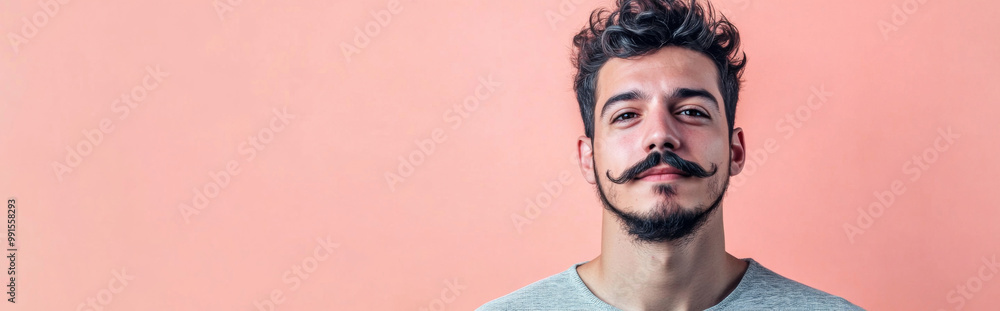 Obraz premium Portrait of young man with mustache and beard on color background