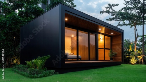 Container house with a private garden and glass-enclosed living area, House Container, Garden retreat