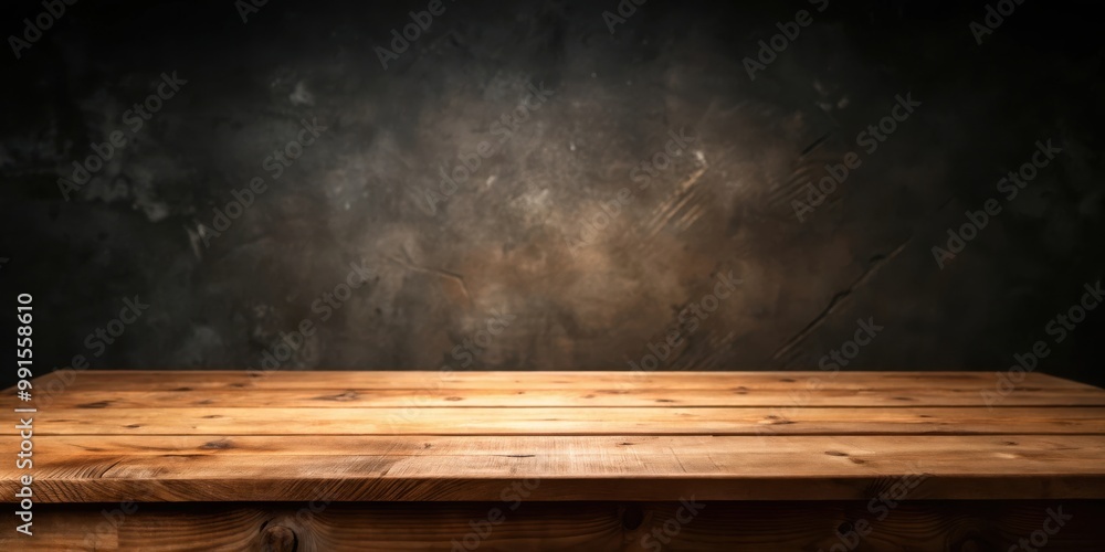 Empty wooden tabletop on dark background with focus on foreground empty wooden shelf Empty wooden tabletop on dark background with focus on foreground empty wooden shelf