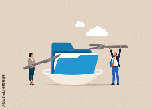 Business people holding knife and fork above files folder on a plate. Database on the plate with fork and knife. Flat vector illustration