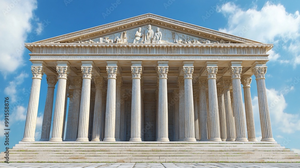 Ancient Greek temple with white marble columns against a blue sky. Ancient Greek temple with white marble columns against a blue sky.