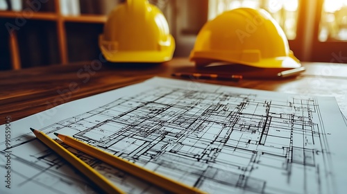 A close-up of a detailed architectural blueprint on a wooden desk, with drafting pencils in the foreground and a bright yellow hard hat resting in the background. photo