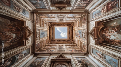 Looking up at a beautiful ornate ceiling with intricate carvings and paintings.