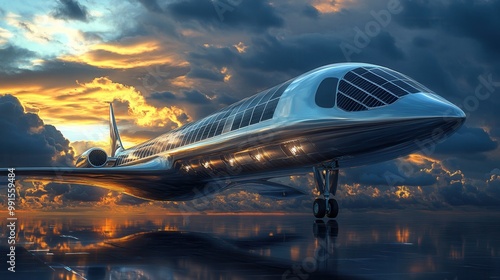 Wallpaper Mural Futuristic airplane with sleek design, reflecting sunset sky on runway, showcasing innovation in modern aviation technology. Torontodigital.ca