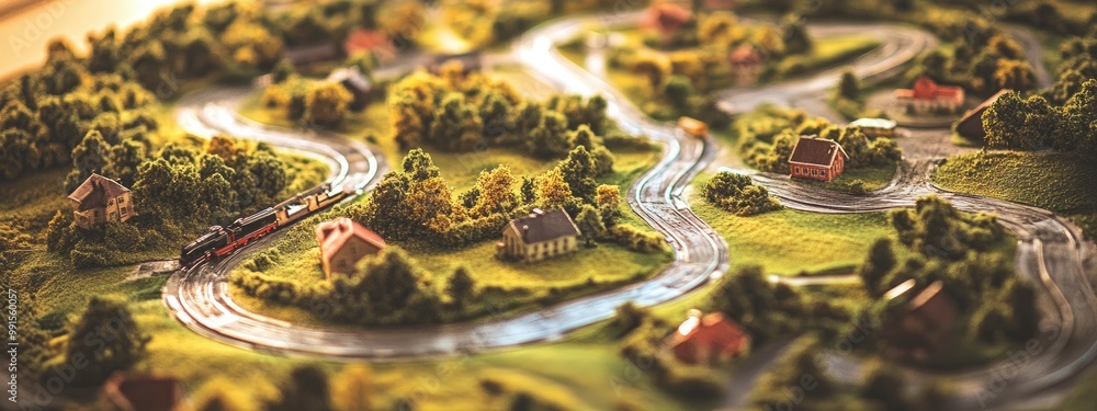 A model train set laid out on a table, tracks winding through a miniature town, soft ambient lighting A model train set laid out on a table, tracks winding through a miniature town, soft ambient lighting