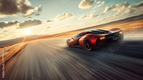 A sleek red sports car racing down a deserted road at sunset, showcasing speed and power against a vibrant sky.