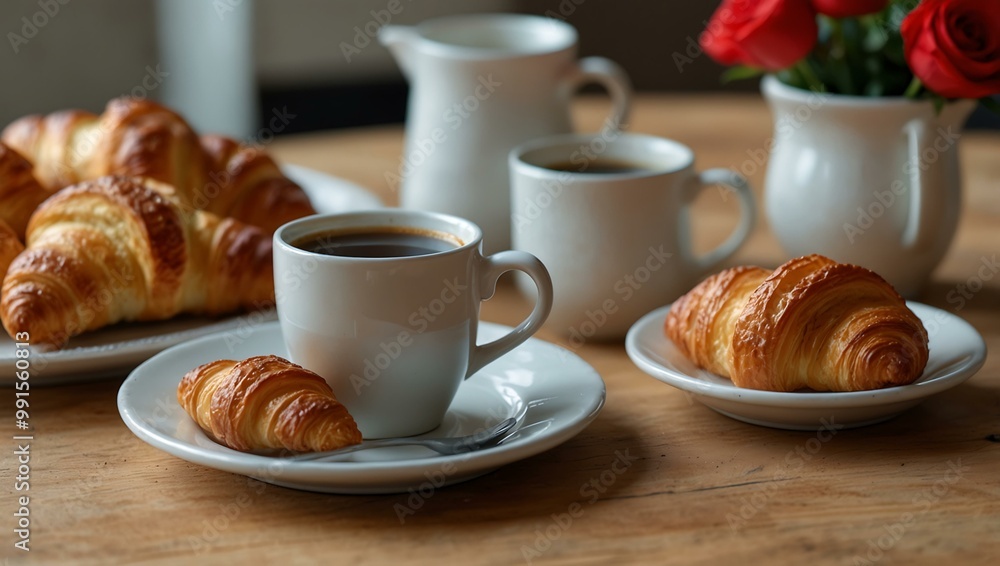 Breakfast arrangement with croissants and coffee, evoking a cozy vibe. Breakfast arrangement with croissants and coffee, evoking a cozy vibe.