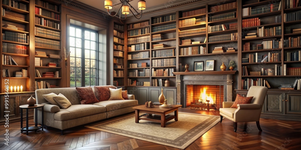 Obraz premium Cozy home library with floor-to-ceiling bookshelves, reading nook, and fireplace, home library