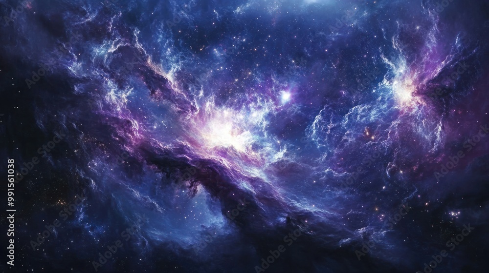 Bright nebula cloud expanding, with stars and galaxies forming in the background, representing the birth of the universe Bright nebula cloud expanding, with stars and galaxies forming in the background, representing the birth of the universe