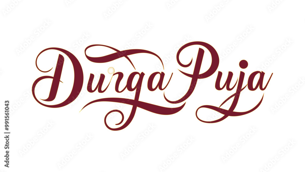 The text Durga Puja written in a stylized calligraphic font The font is maroon in color and has decorative flourishes
The text Durga Puja written in a stylized calligraphic font The font is maroon in color and has decorative flourishes