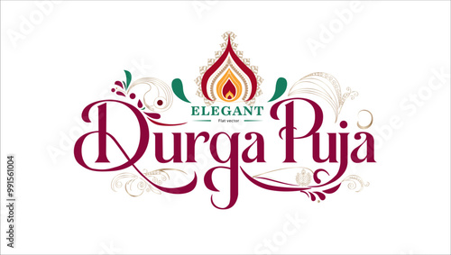 Elegant Durga Puja text in maroon calligraphic font with decorative flourishes a teardrop flame design above it and ELEGANT written in a smaller sans-serif font The background is white
