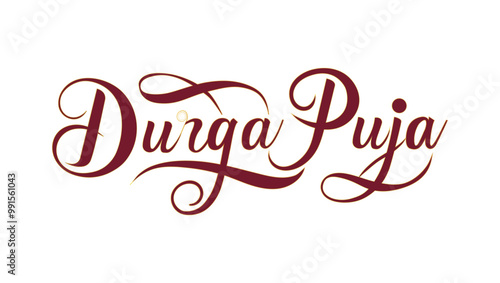 The text Durga Puja written in a stylized  calligraphic font  The font is maroon in color and has decorative flourishes



