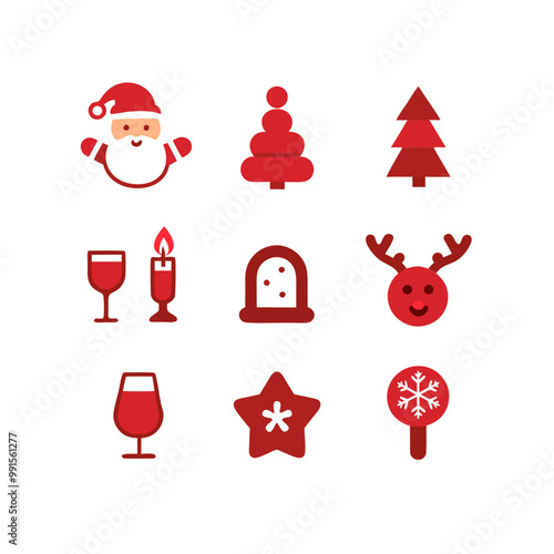 Set of red Christmas icons or logos, flat cartoon style, red and white. Christmas symbols. Isolated vector Illustration. photo