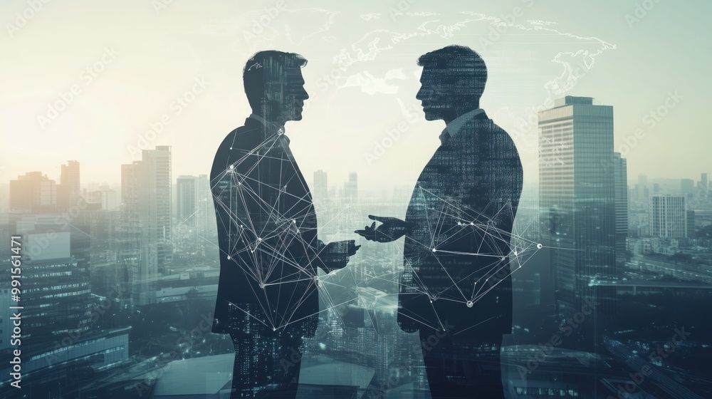 custom made wallpaper toronto digitalTwo silhouetted businessmen engaged in an insightful discussion against a cityscape background, symbolizing partnership, communication, and urban professionalism.