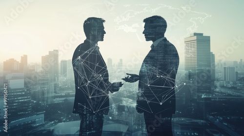 Wallpaper Mural Two silhouetted businessmen engaged in an insightful discussion against a cityscape background, symbolizing partnership, communication, and urban professionalism. Torontodigital.ca