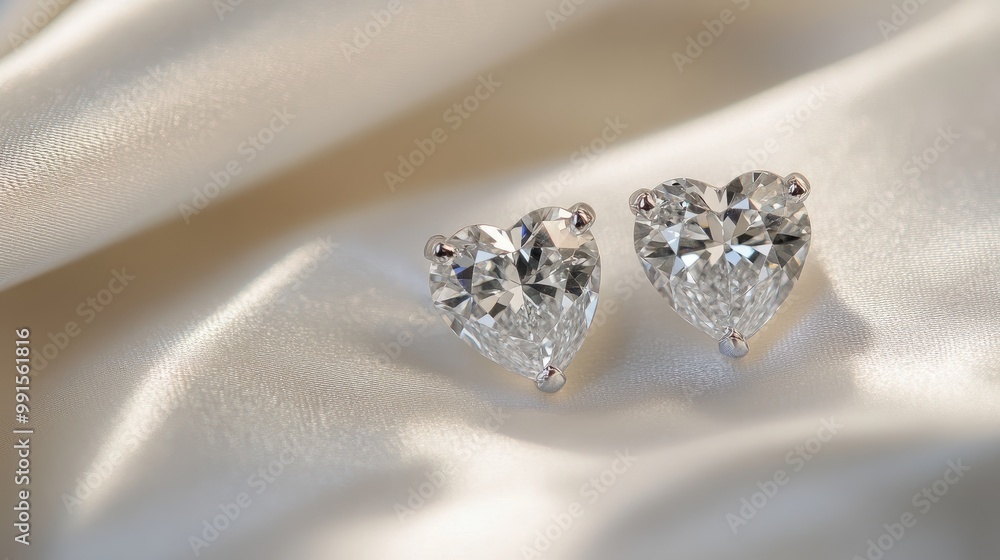 Close-up of heart-shaped diamond earrings, with detailed focus on the cut and clarity of the diamonds, resting on a white silk surface. Close-up of heart-shaped diamond earrings, with detailed focus on the cut and clarity of the diamonds, resting on a white silk surface.
