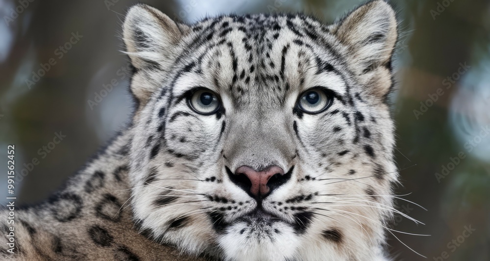 Snow leopard portrait. Close-up of a snow leopard, showcasing its distinctive white fur and striking blue eyes. Snow leopard portrait. Close-up of a snow leopard, showcasing its distinctive white fur and striking blue eyes.