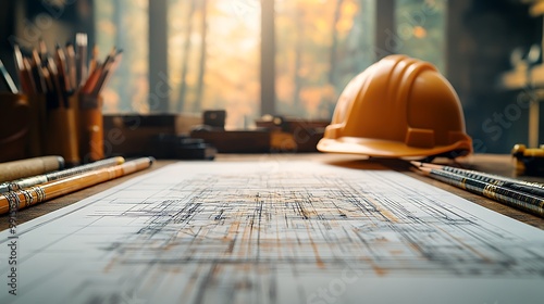 A close-up of a technical drawing with sharp, defined lines, surrounded by drafting pencils and a hard hat placed at the corner of the desk. photo