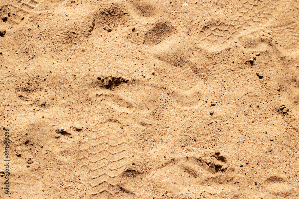 This is a close up view of a pile of sand with visible footprints in it This is a close up view of a pile of sand with visible footprints in it