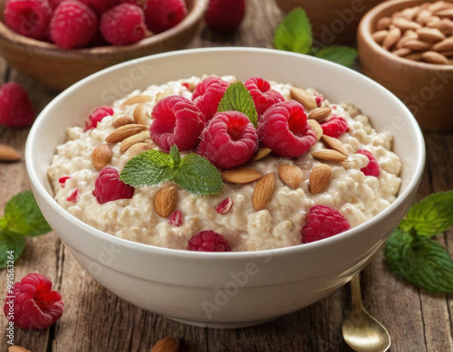 A bowl of creamy oatmeal topped with fresh raspberries, almonds, and mint leaves on a rustic wooden table. This image conveys the concept of a healthy, nutritious breakfast or snack.