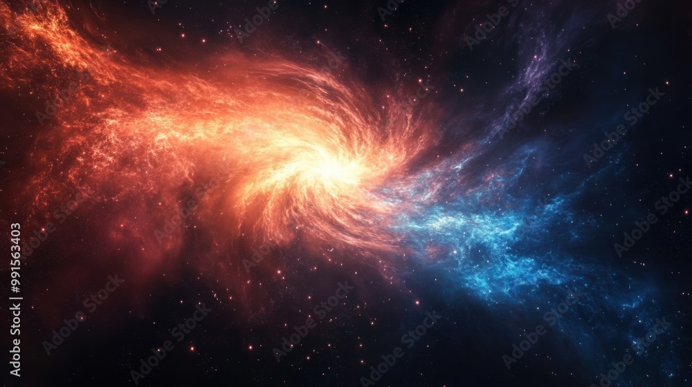 Fototapeta premium Cosmic background with swirling gases and dust particles expanding outward, showing the universe's origin