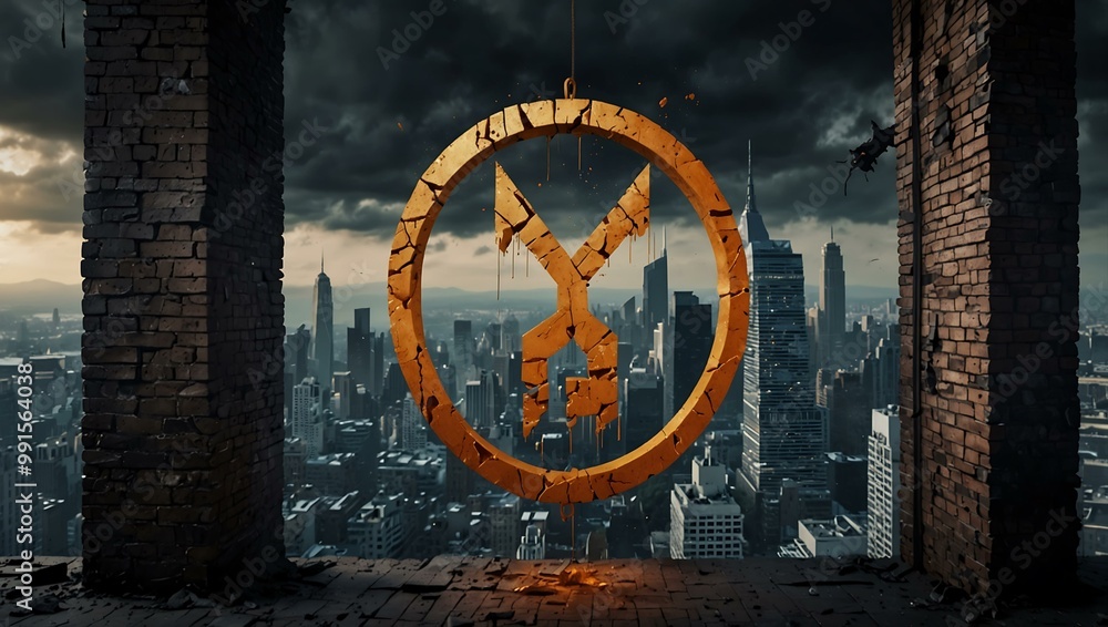 Broken wall revealing a cityscape with a hanging crypto symbol. Broken wall revealing a cityscape with a hanging crypto symbol.