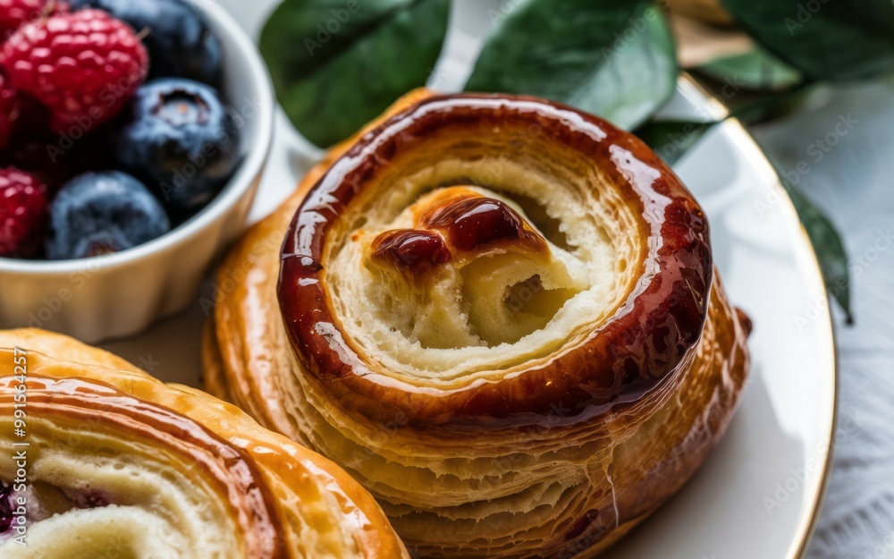 Fototapeta premium Glazed pastry. Closeup of a golden brown glazed pastry with a creamy filling.
