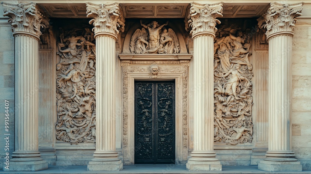 Obraz premium Ornate entrance with two columns and intricate carvings flanking a large wooden door.