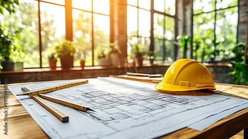 A close-up of a well-organized desk featuring a large blueprint, drafting pencils, and rulers aligned neatly, with a bright yellow hard hat resting on the side. photo