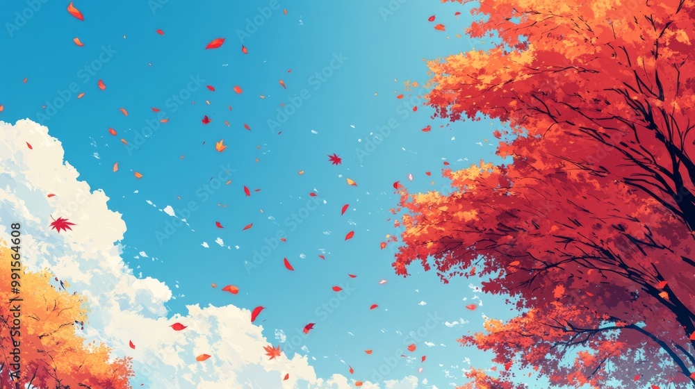 a picturesque park with majestic maple trees and colorful leaves falling gently from a bright blue sky. a picturesque park with majestic maple trees and colorful leaves falling gently from a bright blue sky.