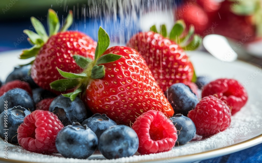 Fresh berries with powdered sugar. Close up of assorted red berries and blueberries on a plate, sprinkled with powdered sugar. Fresh berries with powdered sugar. Close up of assorted red berries and blueberries on a plate, sprinkled with powdered sugar.
