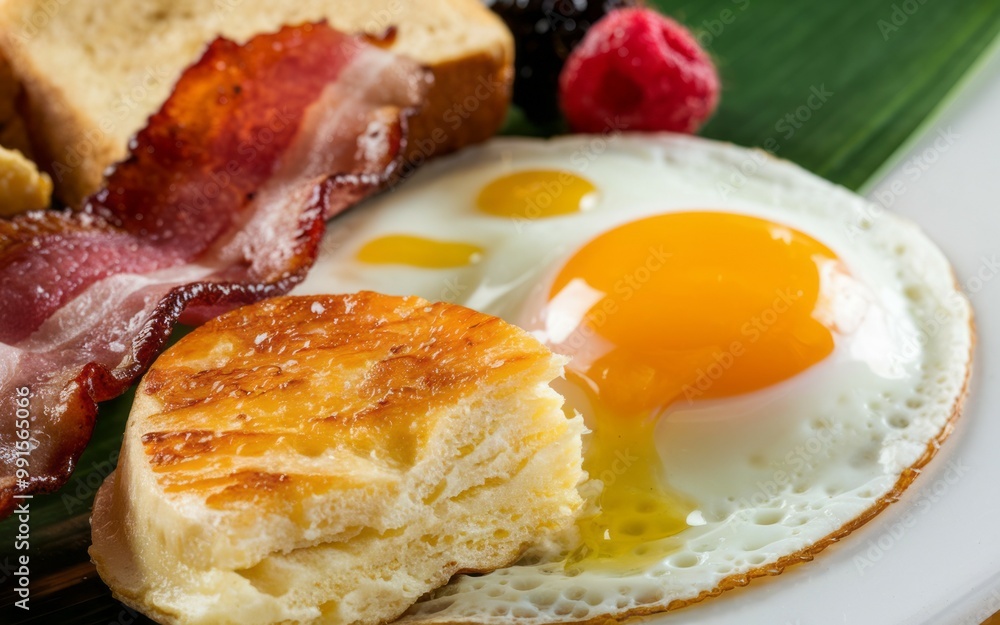 Fried egg with bacon & toast. Sunny-side up egg with crispy bacon and golden toast. The perfect start to your day. Fried egg with bacon & toast. Sunny-side up egg with crispy bacon and golden toast. The perfect start to your day.