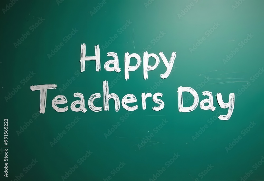 Fototapeta premium Drawn flowers and text HAPPY TEACHERS DAY on green chalkboard with notebooks in classroom 
