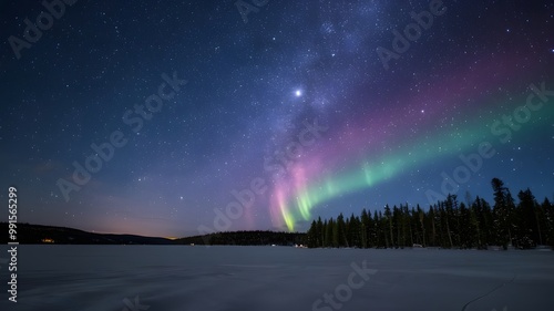 Starry Night Sky Over Snowy Landscape with Crescent Moon and Northern Lights