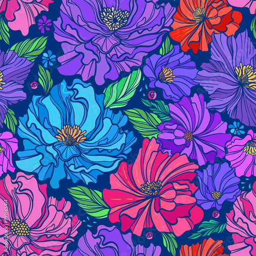 Bright seamless pattern with abstract flowers in fresh color palette. Endless...