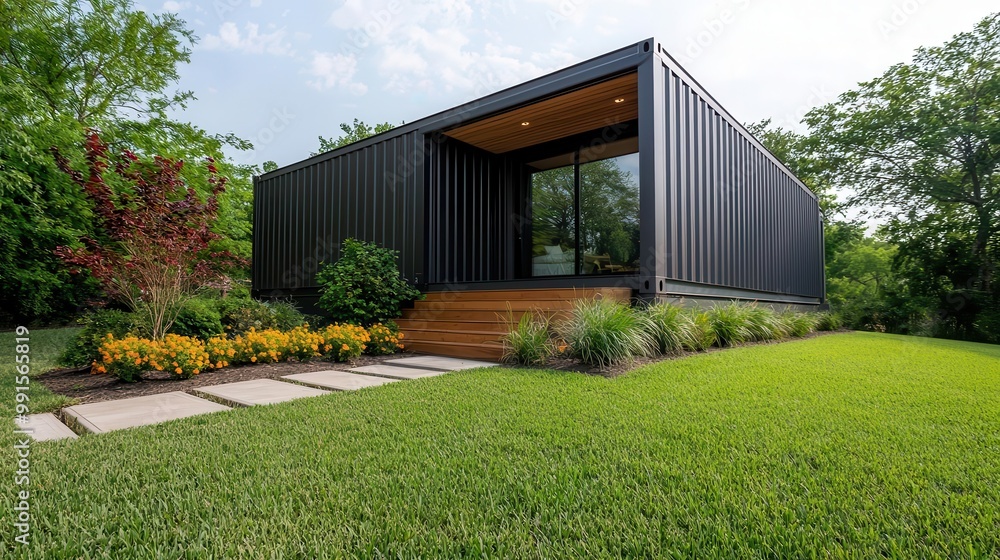 Container house with an artistic sculpture garden and modern interior, House Container, Artistic retreat Container house with an artistic sculpture garden and modern interior, House Container, Artistic retreat