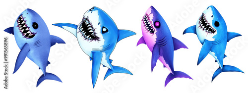 Watercolor Halloween Colorful cartoon sharks Transparent background photo