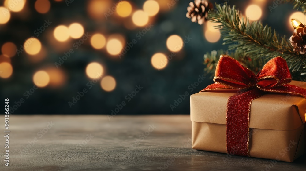 A beautifully wrapped gift with a red ribbon sitting on a table, adorned with festive bokeh lights in the background. A beautifully wrapped gift with a red ribbon sitting on a table, adorned with festive bokeh lights in the background.