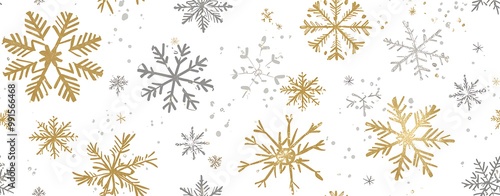 White background with gold and silver snowflakes