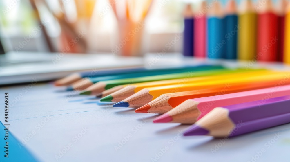 A row of colored pencils lined up on a desk next to computer, AI A row of colored pencils lined up on a desk next to computer, AI