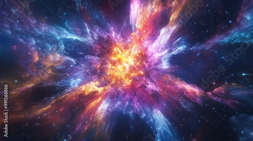 Visualize an explosion of abstract quantum particles, creating a mesmerizing burst of energy and color in a vacuum of space.